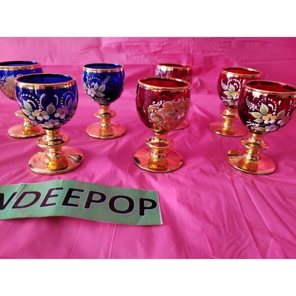 8 Piece Blue Red Gold Enamel Floral Embellished Brandy Snifters Cordial Glasses - Picture 3 of 12